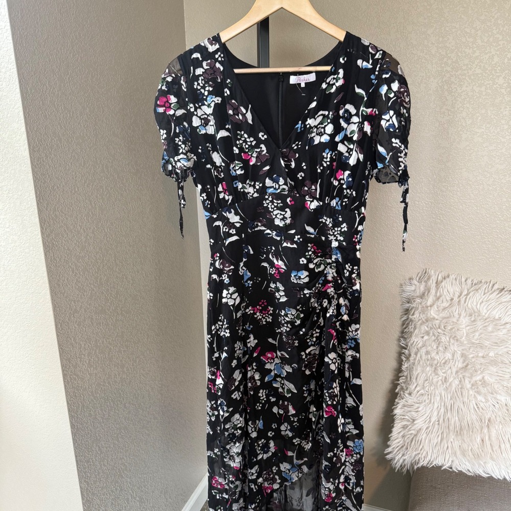 Parker Womens Lizzy A Line Dress Black White Floral‎ Ruched Zip V Neck Size 4